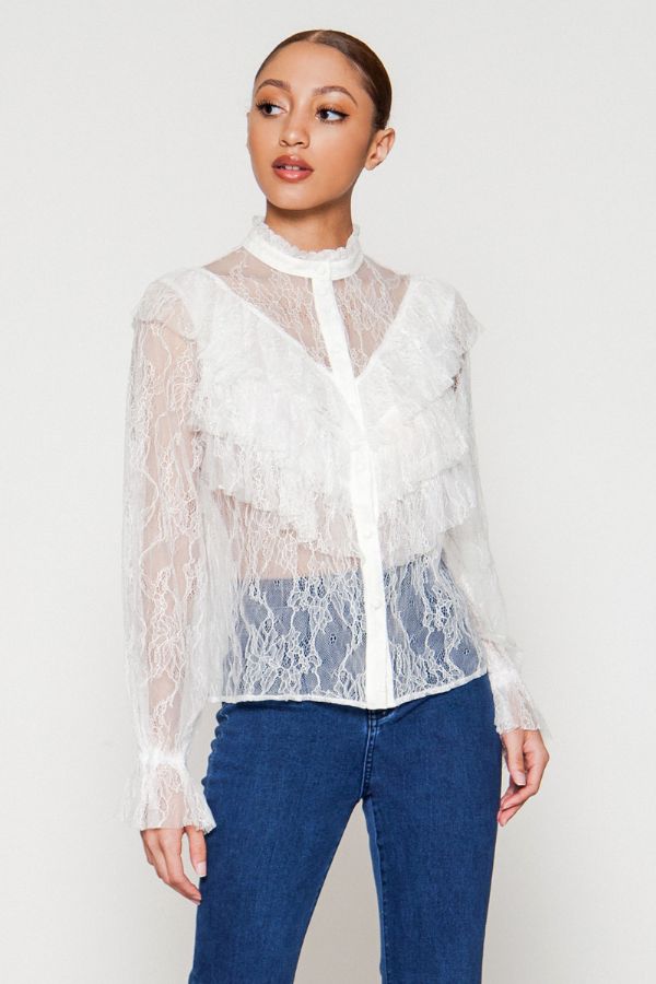 See Through Blouse, Lace, See Through Top, White Top,Solid Top, Formal Top, Blouse, Nude BLouse, Longe Sleeve Blouse, High Neck Blouse, Vintage Blouse, Casual, Casual Wear, Formal Wear